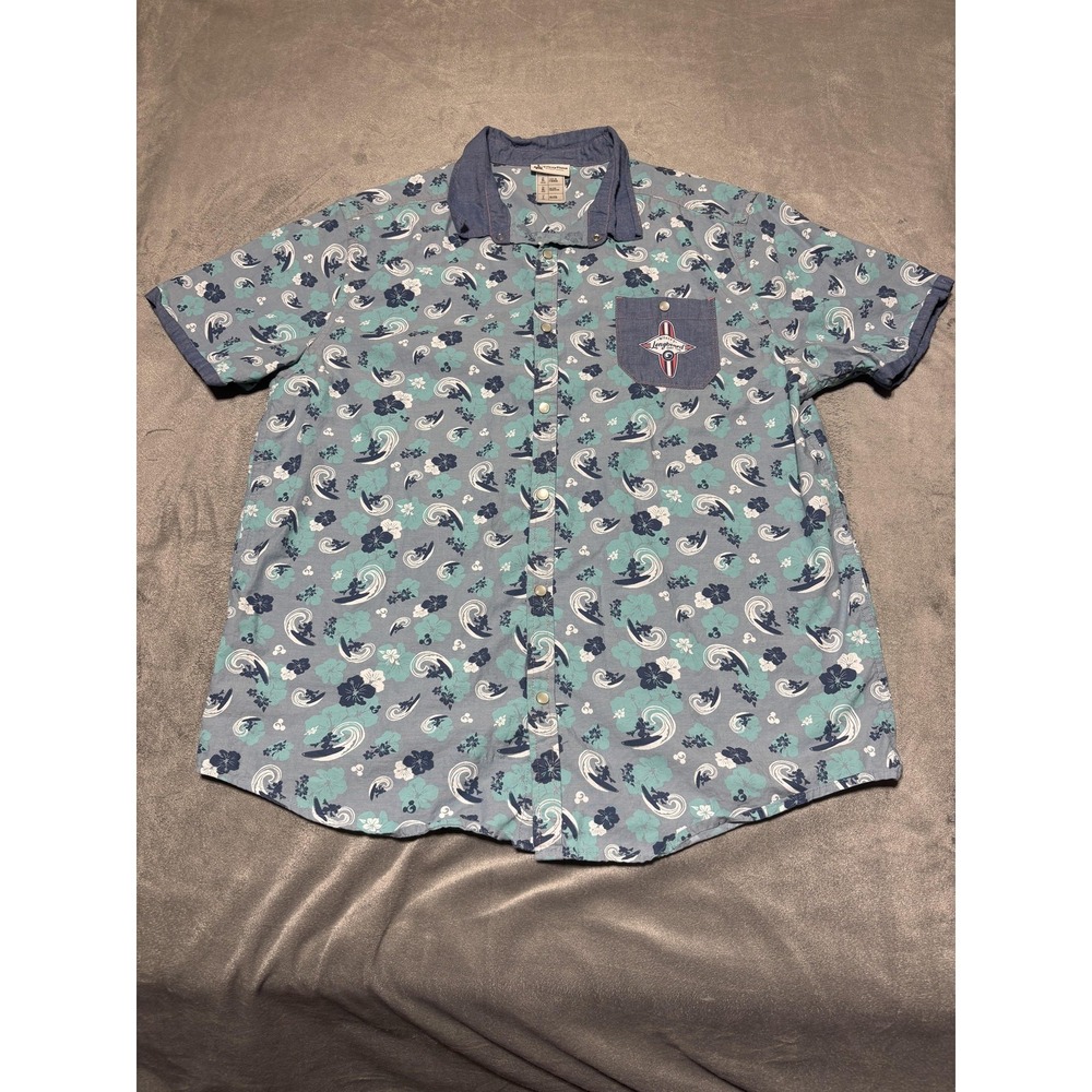 Disney Parks Shirt Mens Large Blue Hawaiian Mickey Surf Floral Button Front